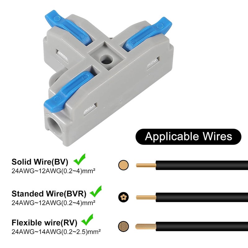 Meimom 10Pcs T-Shape Lever Nut Connector, Compact Wire Conductor Connector,Quick Splitter 3 Pin 1 Way Wire Connector Suitable for AWG 28-12 Solid Stranded Wire - Image 4